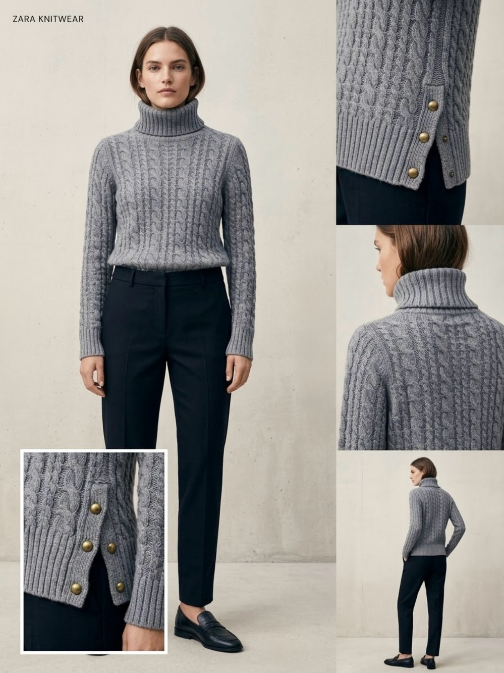 Zara Sweater Cable Knit Turtleneck Charcoal Grey Long sleeve M